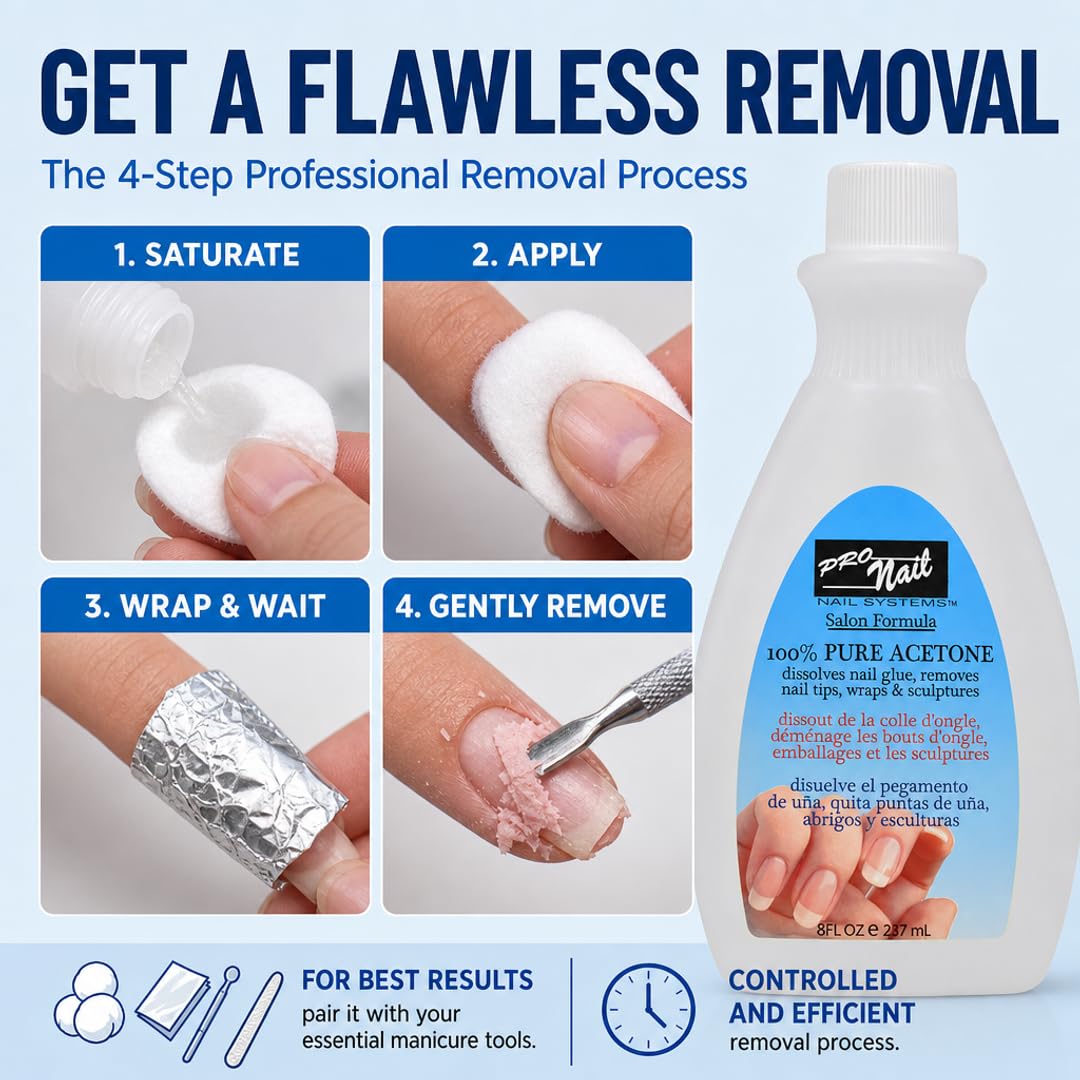 PRO NAIL 100% Pure Acetone Nail Polish Remover - Professional Strength for Acrylic Nails