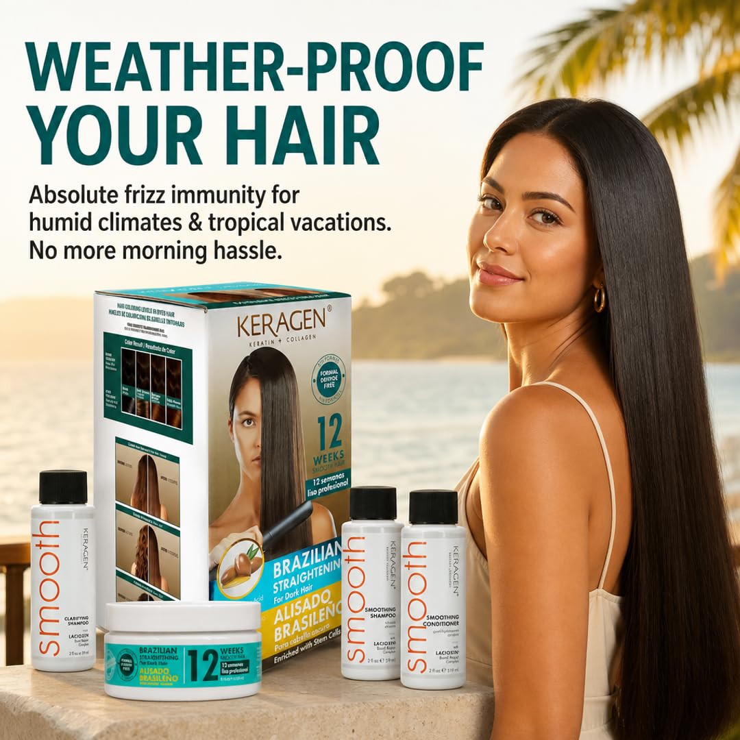 KERAGEN At-Home Keratin Smoothing Treatment – Formaldehyde-Free, Color-Safe System for Dark, Coarse &amp; Frizzy Hair | 12-Week Frizz Control &amp; Humidity Resistance | Organic-Infused Formula