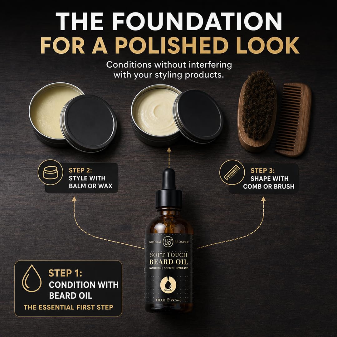 Groom &amp; Prosper - Soft Touch Beard Oil with Moroccan Argan Oil, Jojoba Seed Oil &amp; Vitamin E