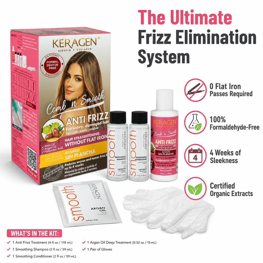 KERAGEN Smoothing Hair Treatment Kit – Frizz Control for Frizzy Hair | At-Home Use, No Flat Iron Required
