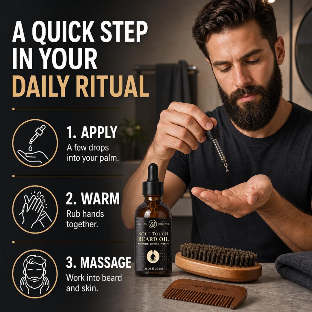 Groom &amp; Prosper - Soft Touch Beard Oil with Moroccan Argan Oil, Jojoba Seed Oil &amp; Vitamin E