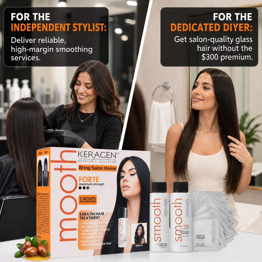 KERAGEN Brazilian Keratin Treatment - Professional Smoothing Kit for Frizzy Hair