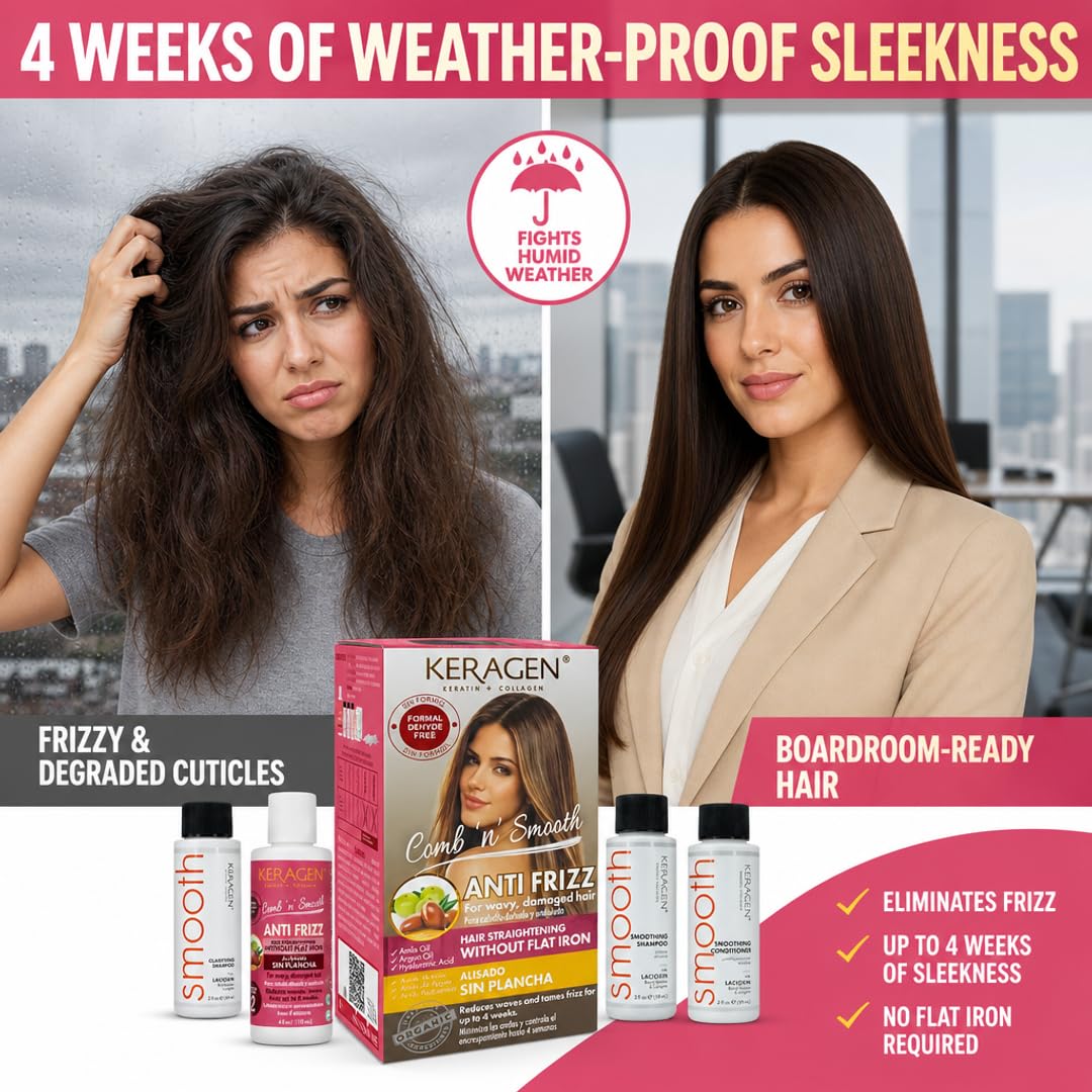 KERAGEN Smoothing Hair Treatment Kit – Frizz Control for Frizzy Hair | At-Home Use, No Flat Iron Required