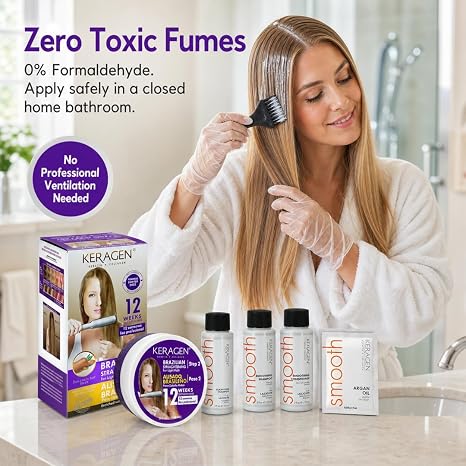 KERAGEN At-Home Hair Straightening Kit for Blonde Hair – Formaldehyde-Free Smoothing Treatment for Frizz-Prone Hair | 12-Week Humidity-Proof Results | Fine, Medium &amp; Coarse Hair Types | Organic Ingredients