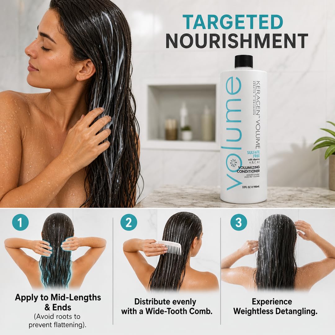 KERAGEN Volumizing Shampoo &amp; Conditioner Duo - For Fine Hair with Keratin &amp; Collagen
