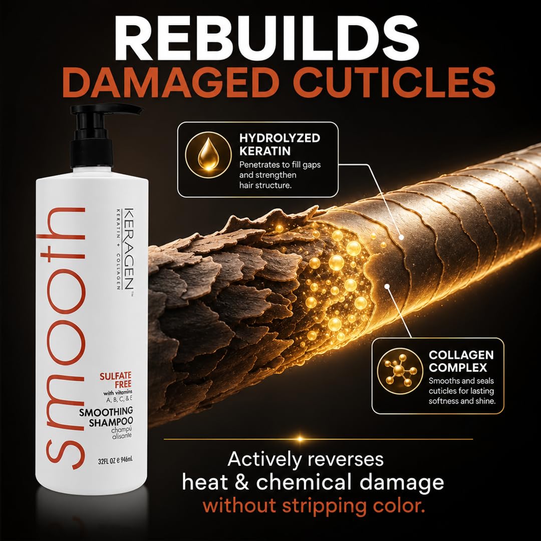 KERAGEN Smoothing Shampoo &amp; Conditioner - Keratin &amp; Collagen Infused Frizz Control System