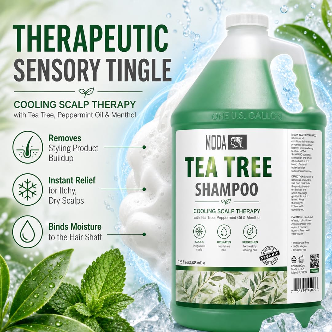 MODA 1 Gallon Tea Tree Bulk Botanical Shampoo - Cooling Scalp Therapy to Remove Styling Product Buildup - Reduce Restocking Frequency and Deliver a Spa-Grade Lather, 128 fl oz