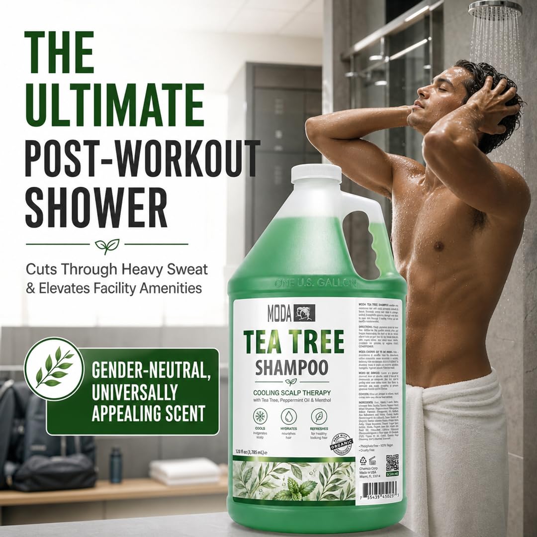 MODA 1 Gallon Tea Tree Bulk Botanical Shampoo - Cooling Scalp Therapy to Remove Styling Product Buildup - Reduce Restocking Frequency and Deliver a Spa-Grade Lather, 128 fl oz