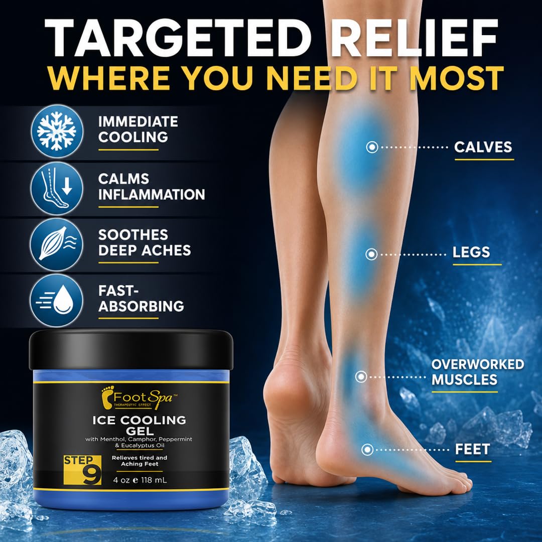 Foot Spa Massage Cooling Gel – Professional Strength Ice Cooling Therapy for Pedicure &amp; Foot Care – Infused with Menthol, Camphor, Peppermint &amp; Eucalyptus Oil for Soothing Relief &amp; Refreshing Hydration