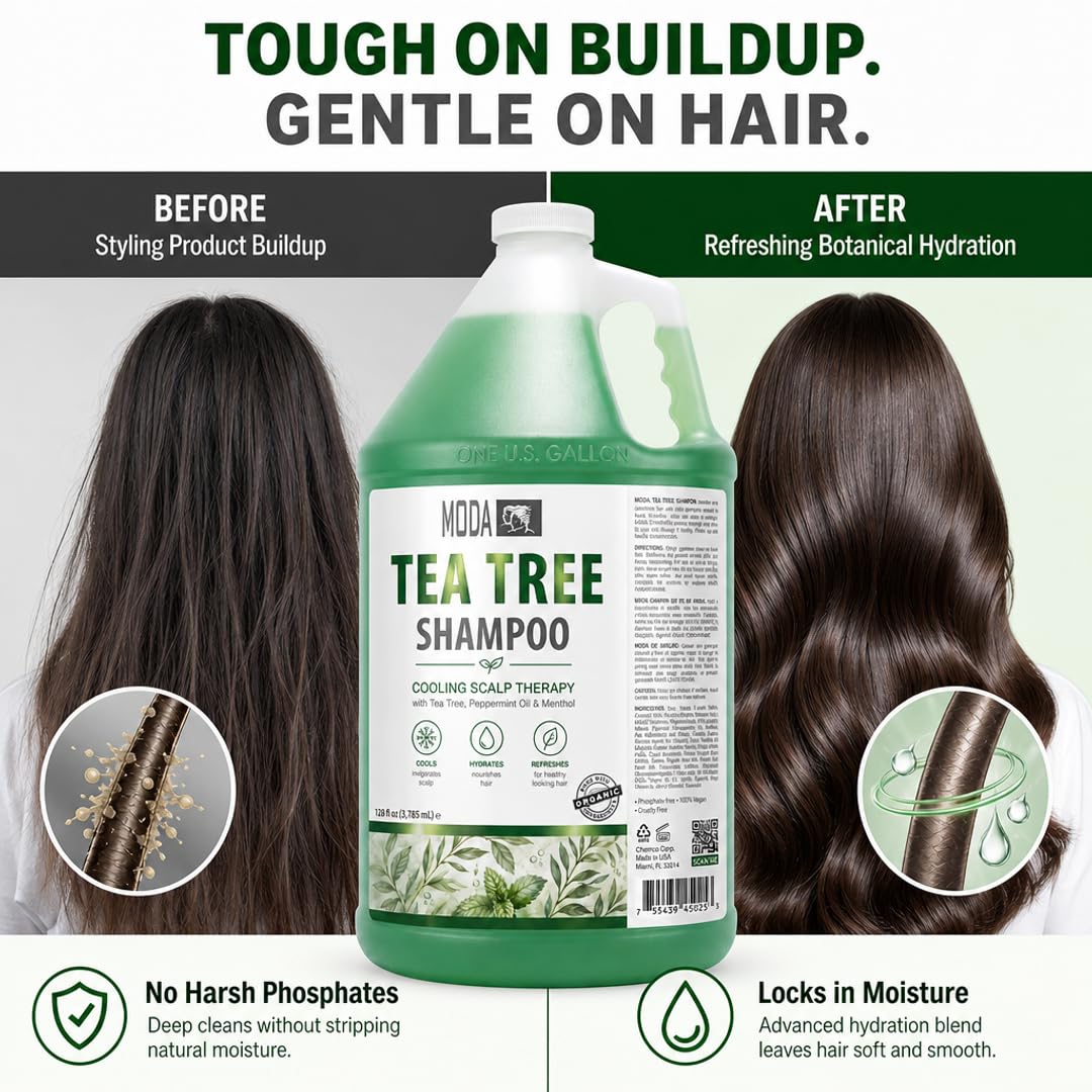 MODA 1 Gallon Tea Tree Bulk Botanical Shampoo - Cooling Scalp Therapy to Remove Styling Product Buildup - Reduce Restocking Frequency and Deliver a Spa-Grade Lather, 128 fl oz