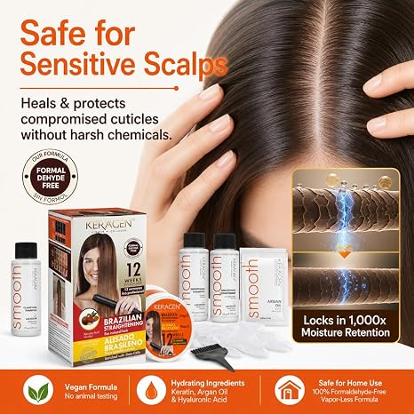 KERAGEN At-Home Hair Straightening Kit – Formaldehyde-Free Smoothing Treatment for Frizz-Prone Hair | 12-Week Humidity-Proof Results | Fine, Medium & Coarse Hair Types | Organic Ingredients