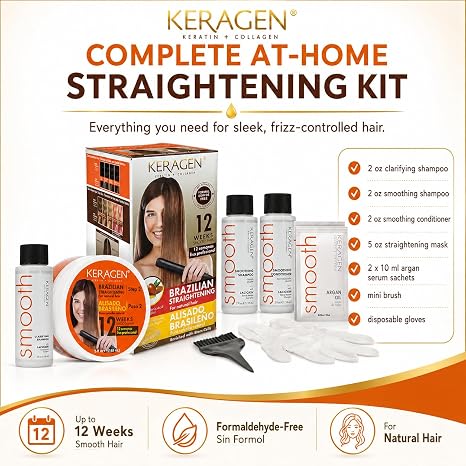 KERAGEN At-Home Hair Straightening Kit – Formaldehyde-Free Smoothing Treatment for Frizz-Prone Hair | 12-Week Humidity-Proof Results | Fine, Medium & Coarse Hair Types | Organic Ingredients