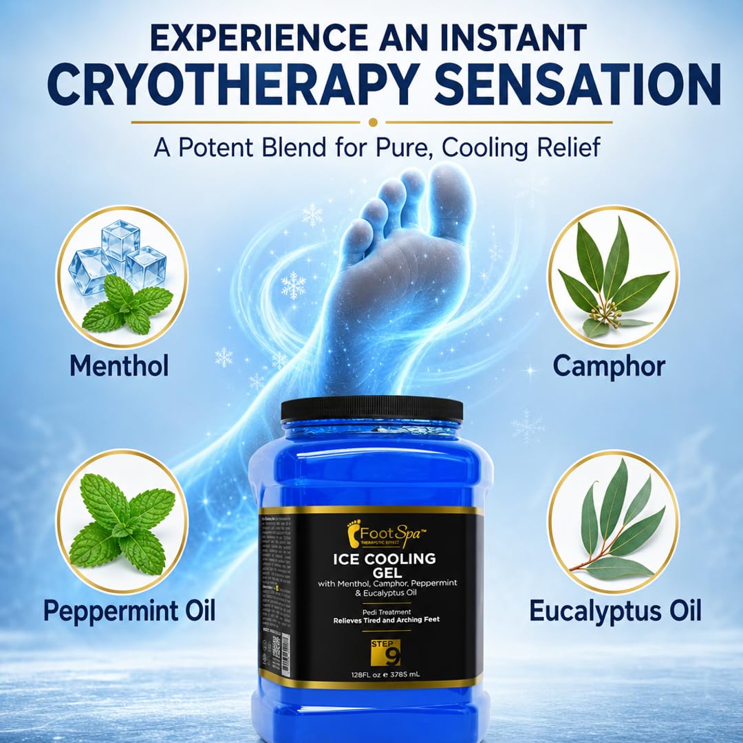 Foot Spa Massage Cooling Gel – Professional Strength Ice Cooling Therapy for Pedicure &amp; Foot Care – Infused with Menthol, Camphor, Peppermint &amp; Eucalyptus Oil for Soothing Relief &amp; Refreshing Hydration