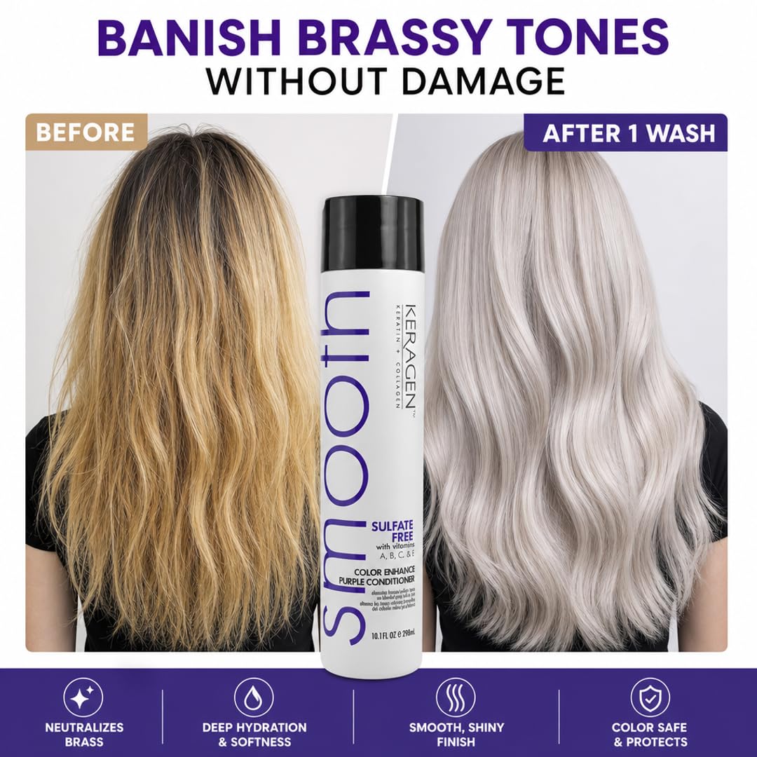 KERAGEN Sulfate-Free Color Enhance Purple Conditioner – Neutralizes Yellow Tones for Blonde &amp; Silver Hair, with Keratin, Panthenol, Vitamins, Collagen &amp; Jojoba Oil - Beauty Market Online