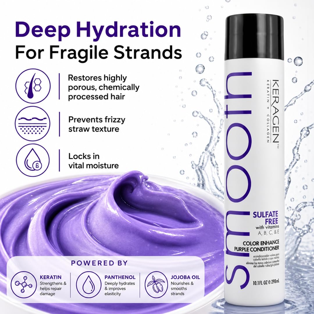 KERAGEN Sulfate-Free Color Enhance Purple Conditioner – Neutralizes Yellow Tones for Blonde &amp; Silver Hair, with Keratin, Panthenol, Vitamins, Collagen &amp; Jojoba Oil - Beauty Market Online