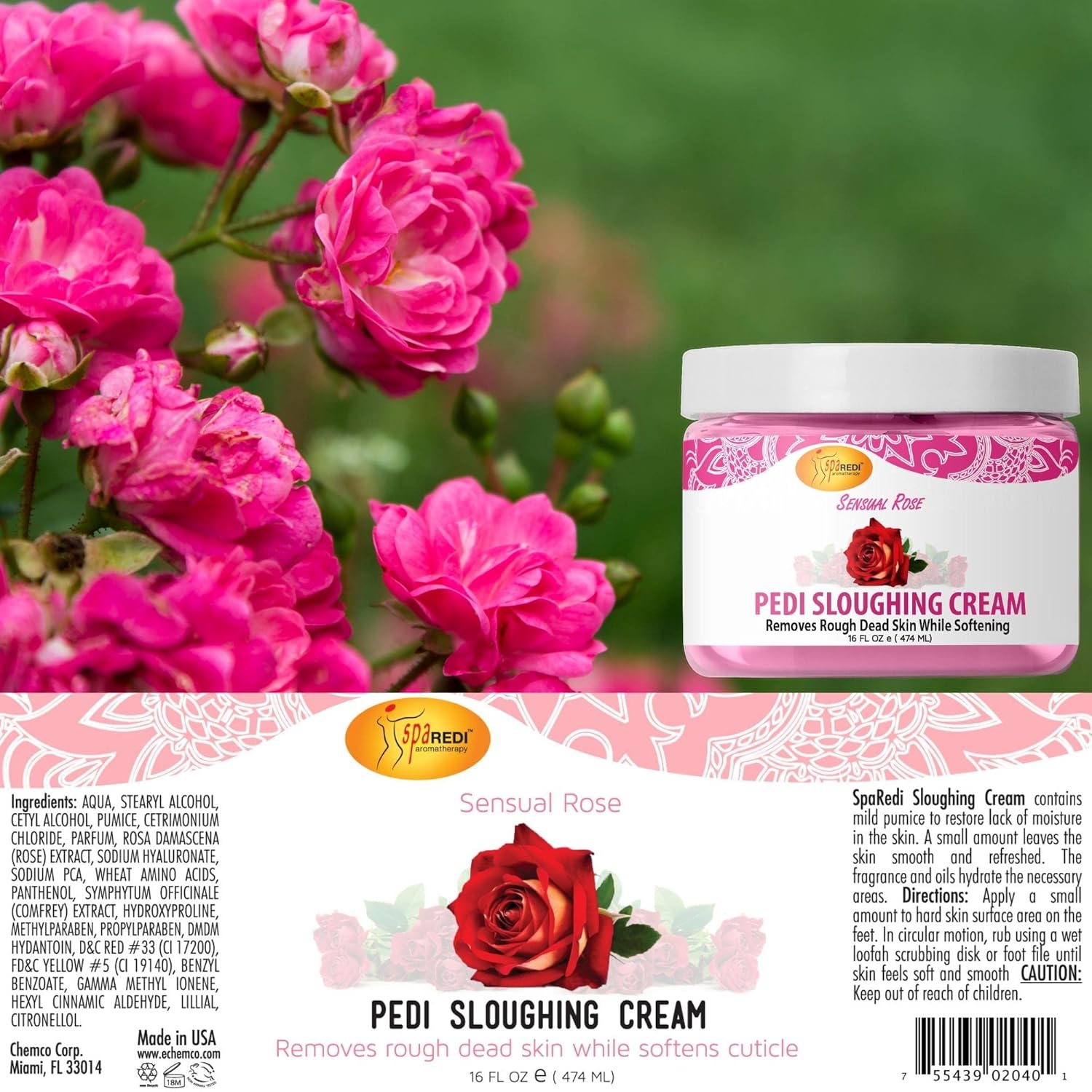 SPA REDI Foot Cream - Sensual Rose Sloughing Lotion - Exfoliate &amp; Smooth Dry Cracked Feet - 16 Oz