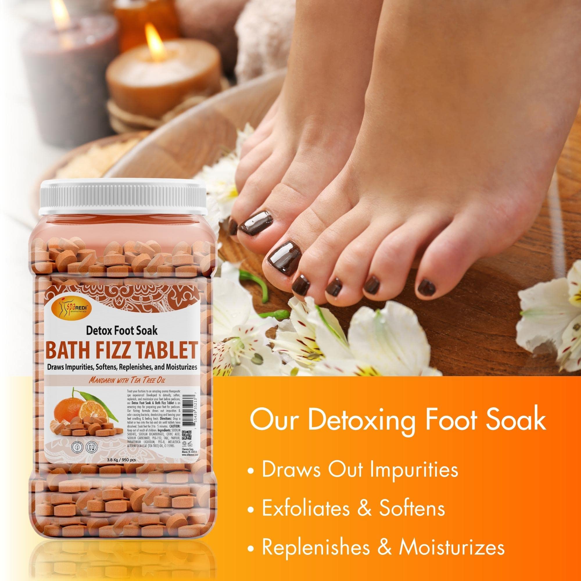 SPA REDI Bath Fizz Tablets - Mandarin Scented - Refreshing Soak for Luxurious Baths - 950 Tablets - 128oz