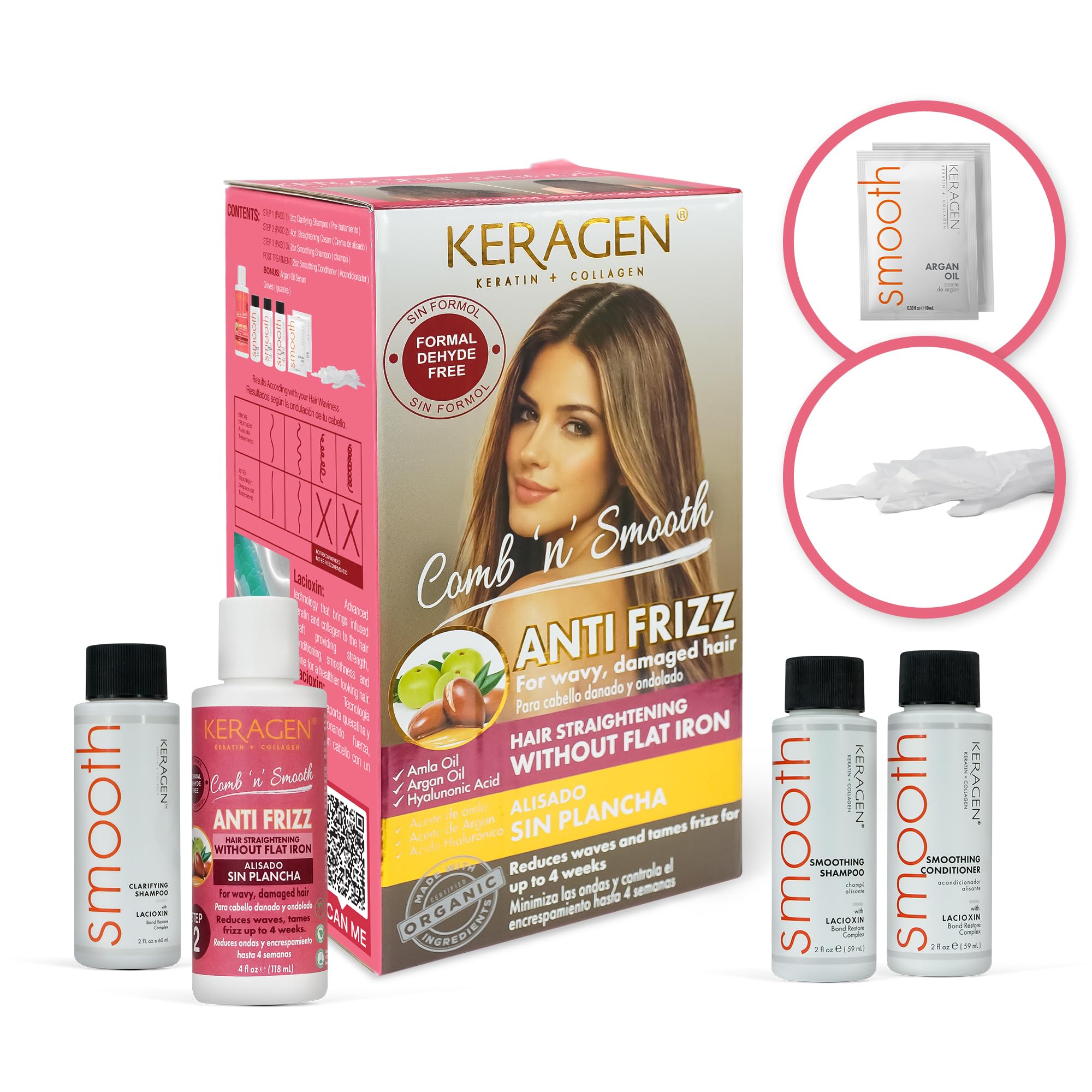 KERAGEN Smoothing Hair Treatment Kit – Frizz Control for Frizzy Hair | At-Home Use, No Flat Iron Required