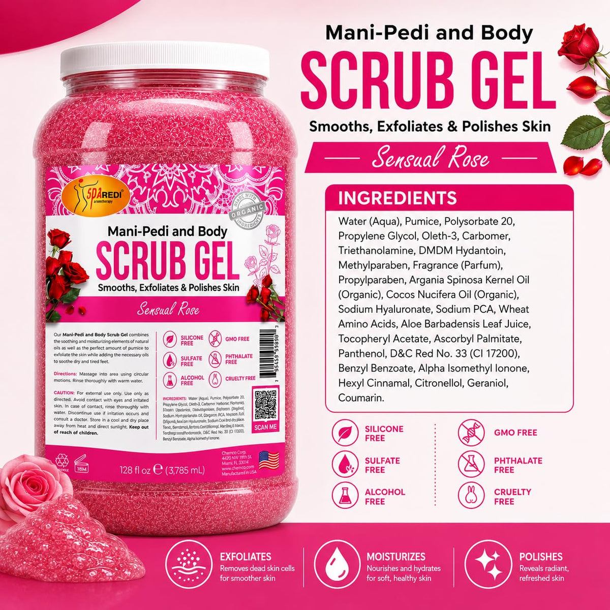 SPA REDI Exfoliating Scrub Pumice Gel - Hydrating Body Exfoliator with Hyaluronic Acid - Refresh &amp; Revitalize