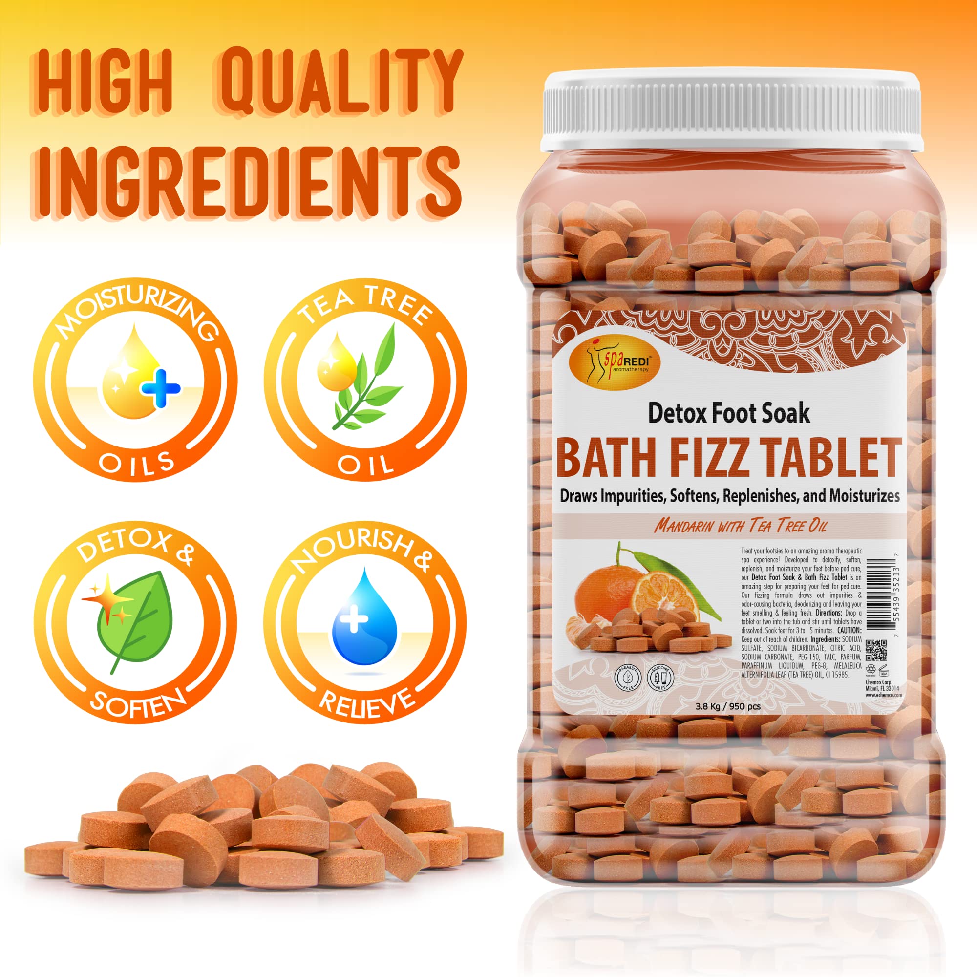 SPA REDI Bath Fizz Tablets - Mandarin Scented - Refreshing Soak for Luxurious Baths - 950 Tablets - 128oz