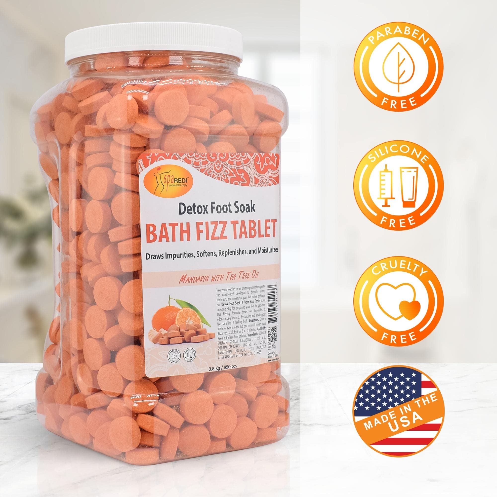 SPA REDI Bath Fizz Tablets - Mandarin Scented - Refreshing Soak for Luxurious Baths - 950 Tablets - 128oz