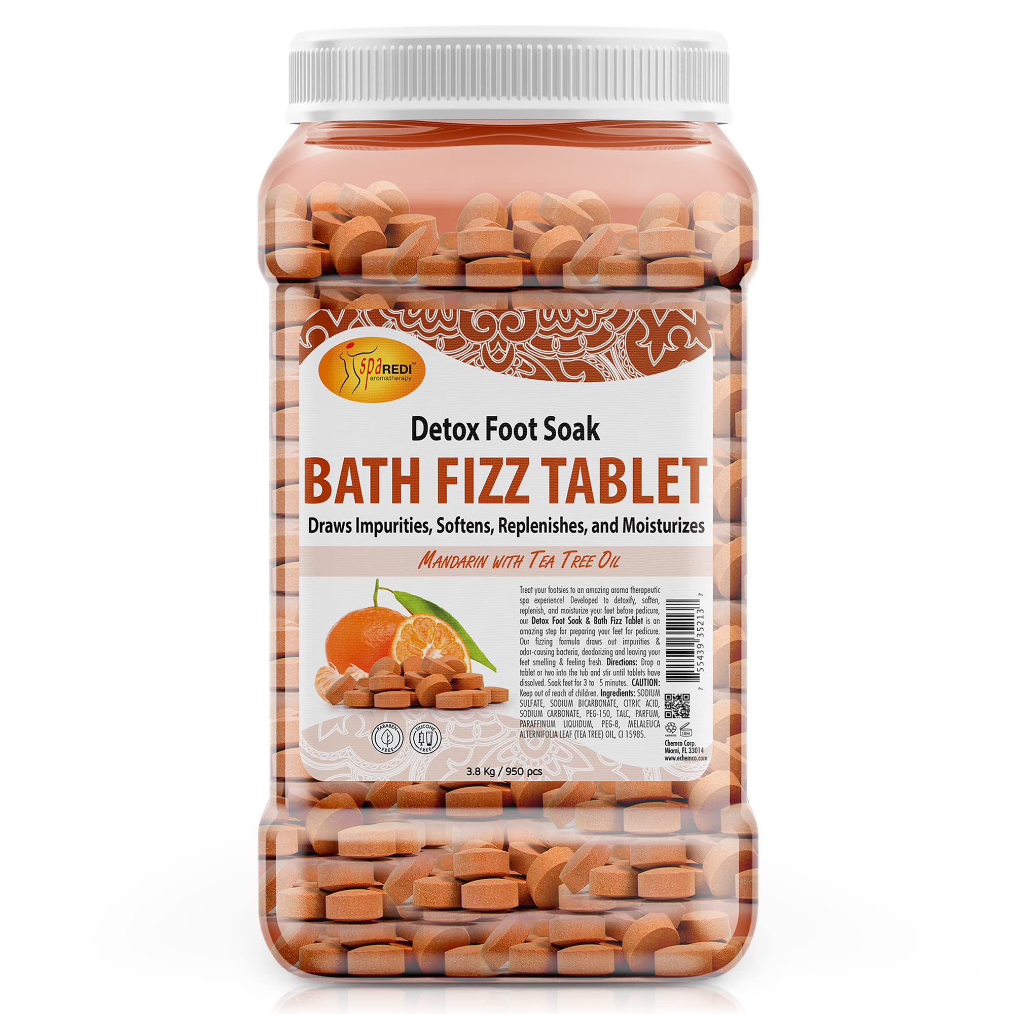 SPA REDI Bath Fizz Tablets - Mandarin Scented - Refreshing Soak for Luxurious Baths - 950 Tablets - 128oz