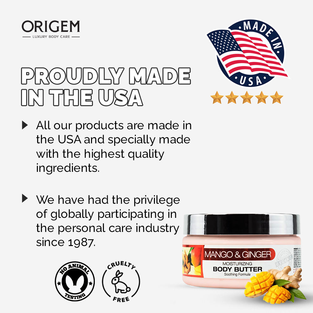 ORIGEM Body Butter Mango &amp; Ginger – Ultra-Nourishing and Hydrating Body Cream with Argan Oil, Shea Butter, and Honey for Soft, Smooth Skin – For All Skin Types 8oz