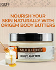 ORIGEM Milk & Honey Body Butter – Intense Hydration & Skin Renewal – Shea & Cocoa Butter Infused Moisturizer with Vitamin E – Ultra-Nourishing, Non-Greasy Body Cream