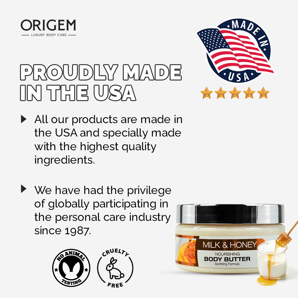 ORIGEM Milk &amp; Honey Body Butter – Intense Hydration &amp; Skin Renewal – Shea &amp; Cocoa Butter Infused Moisturizer with Vitamin E – Ultra-Nourishing, Non-Greasy Body Cream