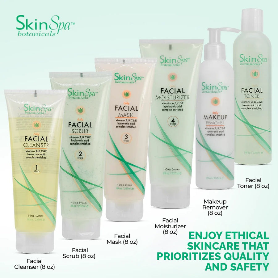 SKIN SPA - Skin Care Facial Cleanser Set, Daily Routine Kit, System, Infused with Aloe Vera - Face Wash Scrub, Cleanser, Toner, Makeup Remover, Clay Mask - 8 Oz