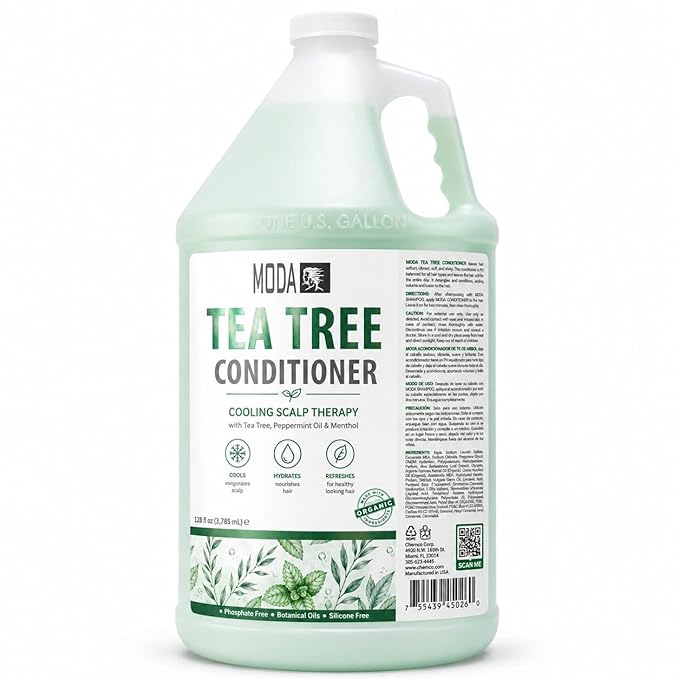 MODA TEA TREE Bulk Salon Conditioner Premium Back-Bar & Amenity Treatment Salon-Grade Luxury at Commercial Scale A 'set it and forget it' 1-Gallon single-SKU solution Repairs the cuticle 128 Oz